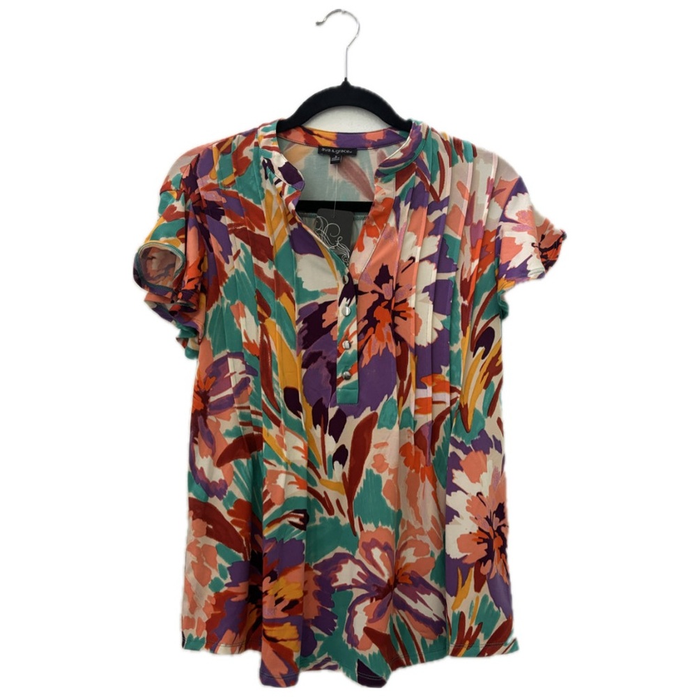 AVA AND GRACE WOMEN S FLORAL V-NECK SOFT SHORT SLEEVE RUFFLE BLOUSE NWT
